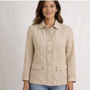Eddie Bauer Safari Jacket Women Petite S Beige Linen Travel Utility LightWeight